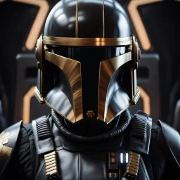 star wars bald male corellian pilot wearing dark gunmetal grey and black First Order special forces TIE pilot armored flightsuit and helmet with gold trim inside the jedi temple, centered head and shoulders portrait, hyperdetailed, dynamic lighting, hyperdetailed background, 8k resolution, volumetric lighting, light skin, fully symmetric details