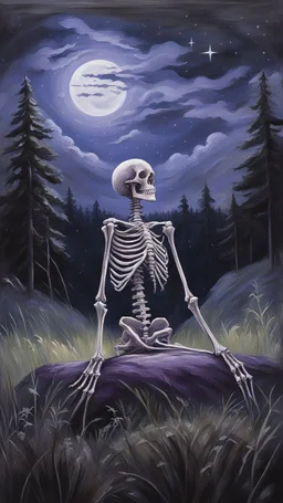 A oil painting from behind a skeleton sitting in the grass on the top of a hill, lookin into the night sky. A Forrest in the background. Painting. Purple colours. Blue colours. Night. Melancholic mood. Colorful.Pastel colours. Masterpiece.