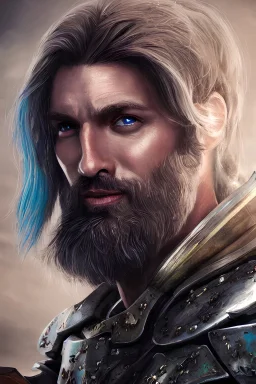 an epic fantastic realism comic book style portrait painting of an aasimar paladin, male, silver hair, short brown beard, d & d concept art, unreal 5, daz, teal aesthetic, octane render, cosplay, rpg portrait, dynamic lighting