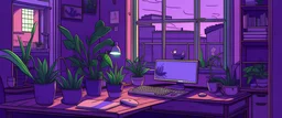 cat cozy purple computer desk night time window plants drawing