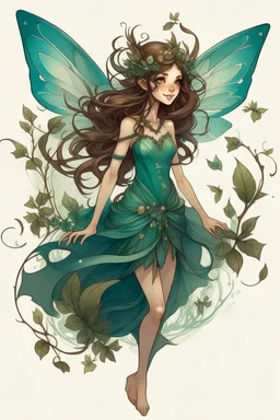 Forest fairy with iridesand teal wings and a cute short leaf dress and pointed ears and multiple vine earings and ear cuffs flying through a mythical forestand brown wavy hair trailing her