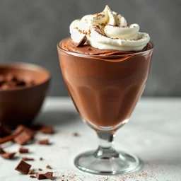 Create a luxurious image of a rich, velvety chocolate mousse served in a clear glass, the mousse’s deep brown color contrasting beautifully with a fluffy, generous topping of whipped cream. A few delicate curls of chocolate or a dusting of cocoa powder could add an extra touch of elegance. The mousse should look smooth and creamy, with the whipped cream softly dolloped on top, slightly spilling over the edges. The setting could be minimalist, perhaps with a few chocolate shavings scattered nearb