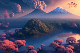 Japanese Fuji Mountain,eruption lava flows into the lake , concept art, smooth, extremely sharp detail, finely tuned detail, ultra high definition, 8 k, unreal engine 5, ultra sharp focus, illustration, magic ambient,fantasy japanese pagoda, bonsai cherry blossom trees .