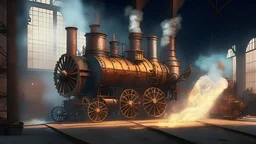 XVIII century industrial revolution steam engine with fire in a industrial warehouse