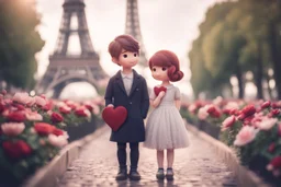 cute chibi mahogany haired girl with a short, silver haired boy, Eiffel tower, heart and love, flowers in Paris, ethereal, cinematic postprocessing, bokeh, dof