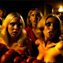 Horror movie shot, hot, ultra realistic, dine, horns, ultra chaos, realistic hot blonde women, party, pieces of meat, organs, hot dynamic, very excited people, hypermaximalist figures, light, 1970's Italian horror movie, sinister,, Dario Argento, Stanley Kubrik, ornate, 4k, photorealism