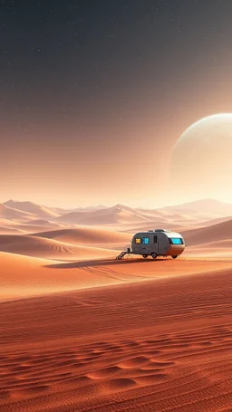 realistic photo of a landscape covered in sands that looks futuristic with futuristic lighting , a caravan