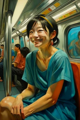 Neoclassicism 2 japanese woman smiling sitting in metro realistic cote d'azur painting colorfull