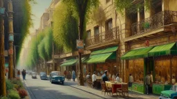 a modern street with cafe shops like Tehran. oil painting