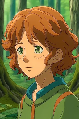 Jeune femme Miyazaki cheveux court et bouclé marron dans la forêt style Nausicaä de la vallée du vent