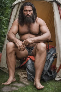 close up shot photography of an ugly burly hairy strong big chubby angry gipsy shirtless homeless man 33 years old, big nose, in bulging shorts, bulge, manly chest, dreadlocks, sweat, sweat, wet, relaxing sitting a chair near his small tent, in a private elegant garden of a villa, raining nighttime, big shoulders, ambient occlusion, photorealistic, frontal view from the ground, dim light from little bulbs