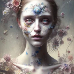 singer Danish MØ face, wildflower, facepaint, dnd character portrait, intricate, oil on canvas, intricate detail , soft smooth lighting, soft pastel colors, painted Renaissance style,watercolor illustration by <agnes cecile> <Yoji Shinkawa>, darkblue tones,