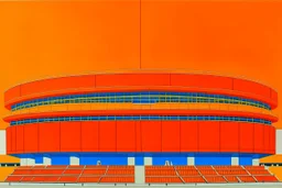 An orange color coliseum with fists painted by Piet Mondrian