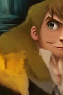 Redraw the cartoon character and fix the image resolution His hair is brown and long, but messy. His lips are closed, showing his bravery. His eyes are lined, showing his determination. He has shadows under his eyes, showing his stress and convert the drawing view 3D panel style digital Painting detailed with a panoramic scene Ultra-wide angle Highly realistic precise details Detailed