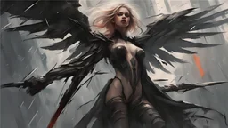 biomechanical women, beautiful, cyberpunk, dusty blonde, short square, large biomechanical black wings, sword, cybernetic, dynamic pose, rain, wind, ashes, flashes of fiery threads, sketch art, fine lines, grunge, sensual, darkness, dark colors, by Raymond Swanland & Alyssa Monks & Anna Razumovskaya