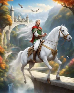 Handsome Prince elf riding white horse on end up beautiful bridge,birds flying,rivendell village background vibrant colors