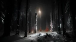photo of a snowy fir forest,christmas magic,midnight hour,fireflies,reflections,8k,, octane render, volumetric lighting, DSLR camera, Dramatic scene,black and white, splash color,