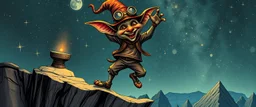 the fool from major arcana,dancing joyfully on the edge of a cliff, close up portrait of dj magic kobold gremlin farmer pilot looking down on cam, with background in the style of escher and giger, a chill contrapunctus fugue in the style of fsol, beethoven,