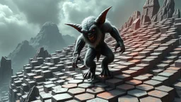 smite by god was the evil furry goblin gremlin man walking on a mountain of hexagon bricks in the style of Escher and Giger.