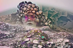 garbage dump, hills, smog, with pollution, double exposure photography, colourful nature, clean sharp focus, on white background, Fractal Geometry, sacred geometry, hyper detailed,