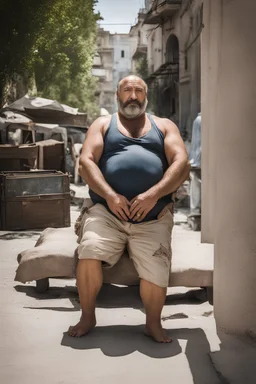 masculine muscular chubby burly mature turkish man sunbathing, sitted on an empty street, 44 years old, shirtless, bullneck, hands behind the neck, ripped dirty shorts, manly chest, very hairy, short beard, big shoulders, relaxed, photorealistic, well defined facial features, half figure photography, view angle from the ground