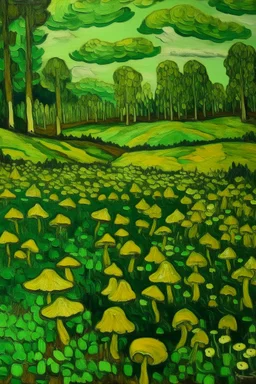 A lime green field filled with mushrooms painted by Vincent van Gogh