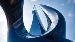 A futuristic hyperboloid skyscraper with a twisting façade, where the building’s structure curves inward and outward in a continuous, graceful helix. The reflective glass exterior mirrors the sky, while the hyperbolic curves create an illusion of constant motion. The dynamic, tapering form rises to an elegant, spire-like point. Award-winning photograph.