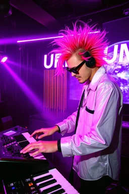 French cool synth player with crazy techno acid hair, he is called "Jean-Maurice Brûlée" performing at dance club, his name is "Jean-Maurice Brûlée" , white and purple Neon lights and purple smog, yellow shower rain, and "URINIUM" big sign on the wall, he is playing on synthesizers on stage with lot of laser beams and wearing black sunglasses, an earth is projected in background