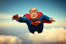 a thoroughly confused, frail, elderly and obese donald trump flying through the air dressed as superman