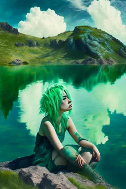 woman sitting on a rock, in a lake, green mottled skin, green hair, blue sky, wite clouds