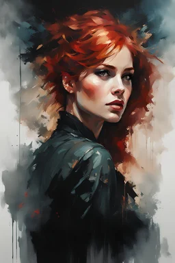 muscular russian woman 28yo with red hair, on a pinup poster : dark mysterious esoteric atmosphere :: digital matt painting with rough paint strokes by Jeremy Mann + Carne Griffiths + Leonid Afremov, black canvas