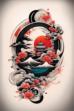 Create a captivating modern 2d colorfull ink Japanese tattoo design for print , using the elegant influences of japan art style, for print, dynamic elements from fashion and design, and bold Japanese art aesthetics, framing centered in the center, distanced from the edges of the paper perimeter, perfect anatomy, bauhaus, Divine Proportion,