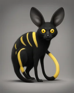 A black, round creature with long ears with yellow stripes and a long tail with a yellow stripe