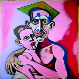 picasso man met kind op rug roze realistisch geschilderd