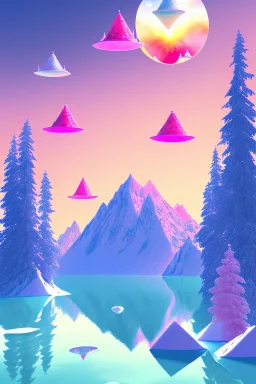  mountain topped with pink ice-cream, lake, trees, mystical, Dada,