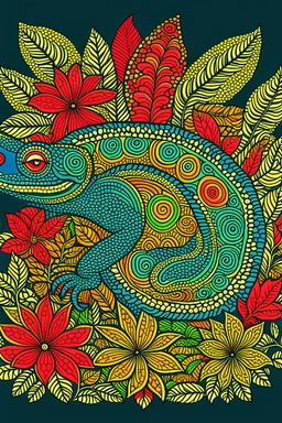 a chameleon rounded by flowers and leaves, quimbaya culture style