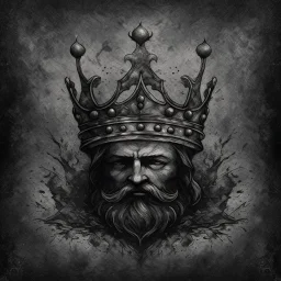 A king with a crown , Hyper Realistic Aerial Grungy Dark-Grey Brush strokes on a dark rustic background with charcoals