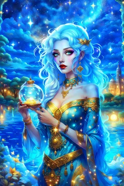 A beautiful girl with glowing starry eyes. And with turquoise hair decorated. And full body. Holds 10 glowing glass beads with a moon inside .girl void. full body Glowing golden eyes and white hair. Standing on a land of water embellished with sapphires and ornate trees. And beautiful buildings. And a sky full of star. realistic