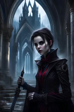young, short haired brunette woman in a dark coat surrounded by gothic architecture and mist