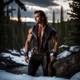 Handsome and muscular 30 year old shirtless mountain man, dark fantasy, snowy forest