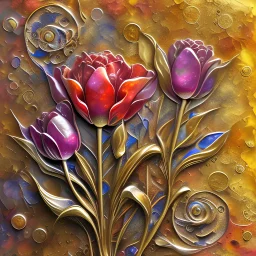 Beautiful alcohol ink flowers with brass metal edging, multidimensional in 3D, impasto, multimedia style, 16k pink and red tulips