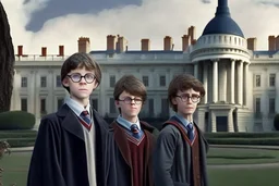 realistic young Harry Potter movie characters in front of white house