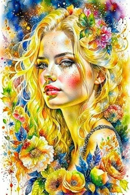 Gorgeous wet look watercolour, a beautiful sensual blond blonde woman, beautiful late summer flowers, colourful, enchanting, wet on wet, silver and gold drops, sparkling lights, winning, intricate, beautiful, gorgeous by Yossi Kotler,