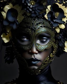 A beautiful frosty vantablack iris and daisy floral headdress adorned beautiful young woman wearing etherialism goled filigree black iris and daisy peatals and rdaisy and iris leaves embossed ornated costume ahd metallic filigree botanical Golden glittering half face. Masque organic bio spinal ribbed detail of metallic filigree vantablack background extremely detailed hyperrealistic maximálist concept art