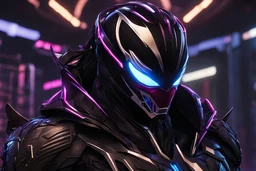 Venom Shredder in 8k solo leveling shadow artstyle, sombra machine them, close picture, rain, Shredder helmet, neon lights, intricate details, highly detailed, high details, detailed portrait, masterpiece,ultra detailed, ultra quality