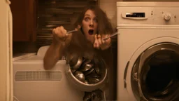 very confused young woman tosses a few metal spoons into her household dryer