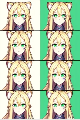 Druid character, young woman, cougar ears, cougar tail on lower back, blonde hair, long hair, green eyes, scars on body, animal hide armor, waist up portrait, 4k resolution, intricate details, ornate details, soft lighting, vibrant colors, retroanime, masterpiece, intricate eyeliner, dark eyeshadow, eyes, intricate tattoos, natural background