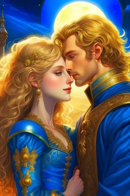 prince who has sandy hair, bronze skin,tall, has short beard,wears a medieval military outfit and is in love with the commoner girl, who has curly platin blonde hair and wears a blue dress, the two kiss very affectionately, illustration of a fantasy book cover with a detailed, smooth, bright background filled withmoon and sun, hyperdetailed, Hyper realistic photograph, 16k resolution, product photo, Formal, Formal dress , Hyper detailed, Intricate, Mystical , Firey, Fire based