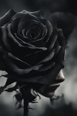 Close up of a shadowy figure, crushing a black rose and blowing the ashes In the wind, highly realistic, Gothic, sad, 8k quality, abstract background