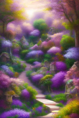 garden sky field trees river pools gold white purple stairs